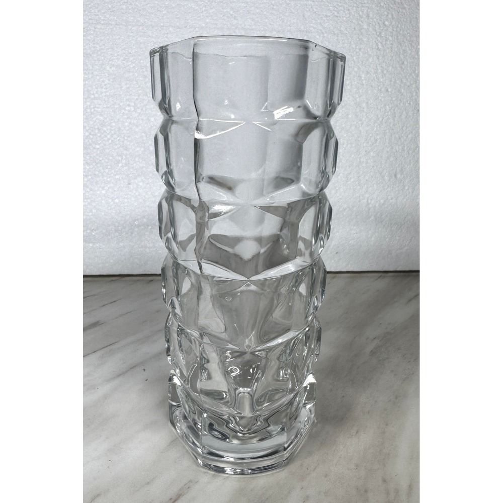 Vintage France Clear Glass Faceted Geometric Hexagon Flower Vase 8 Inch
